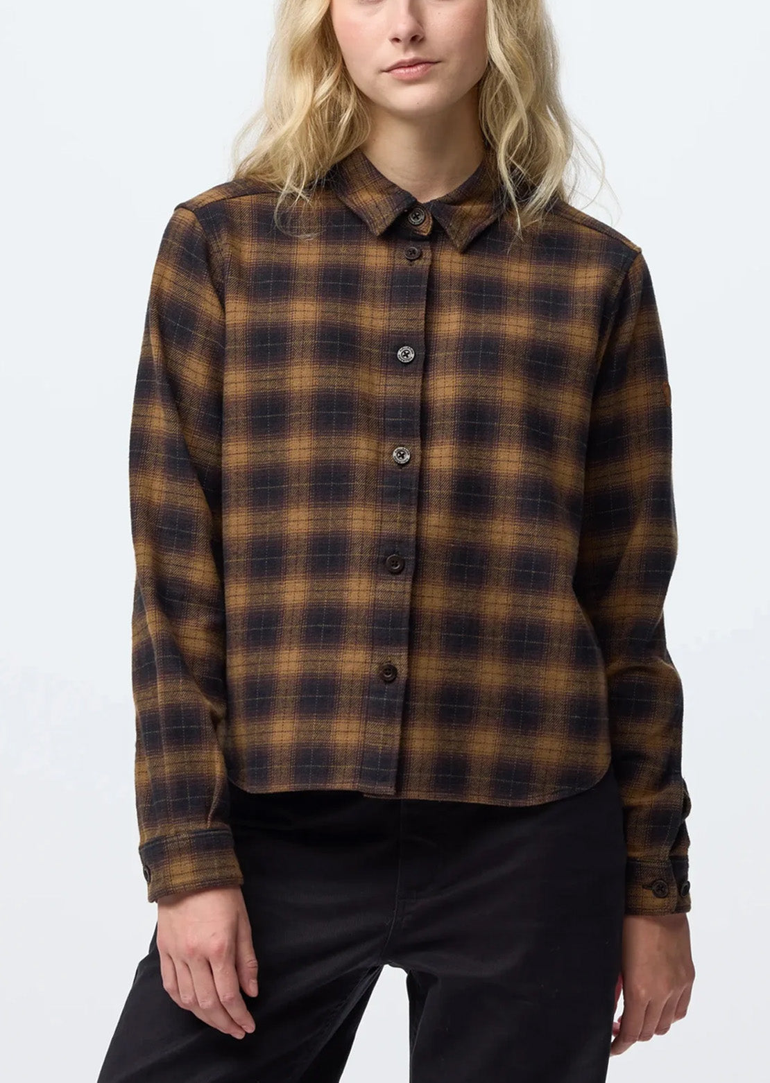 Fjallraven Women's Ovik Boxy Flannel Button Up Shirt Black Wood Brown