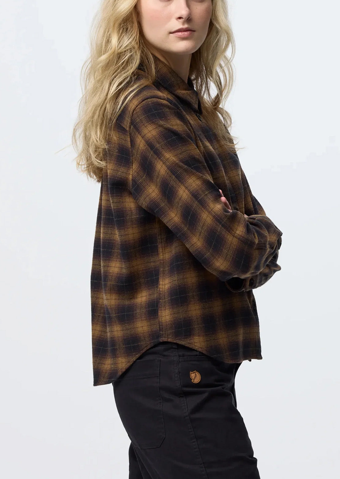 Fjallraven Women's Ovik Boxy Flannel Button Up Shirt Black Wood Brown