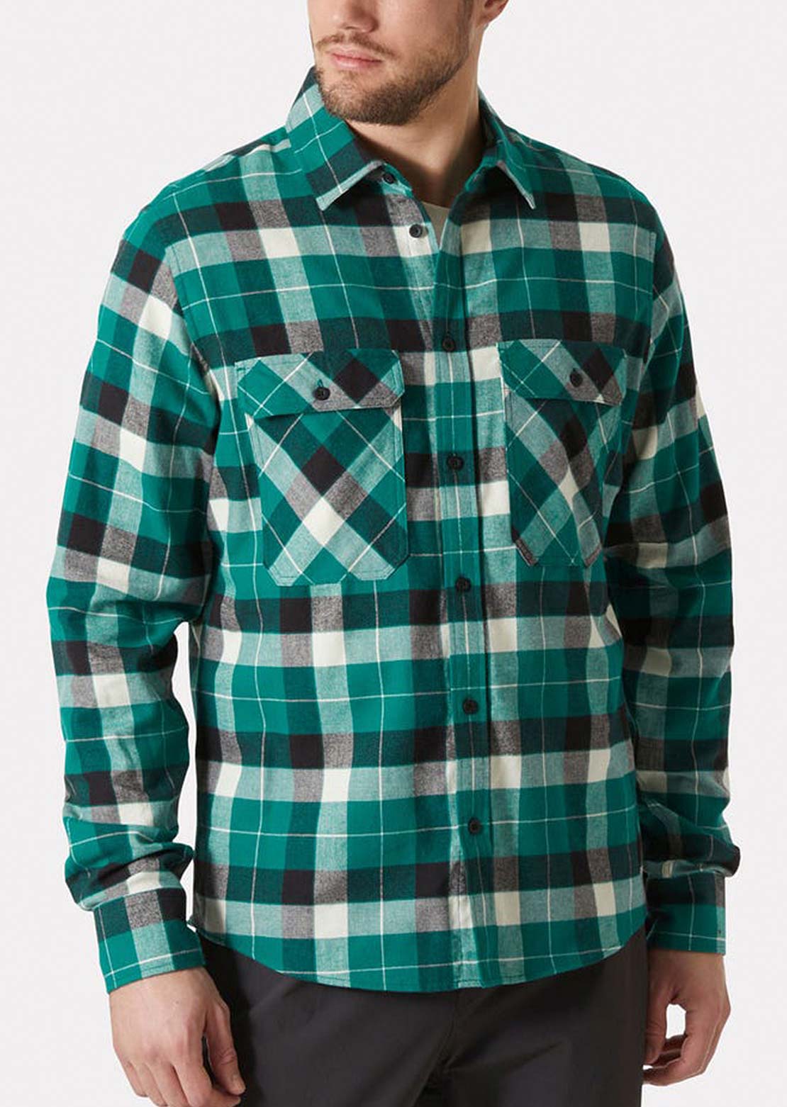Helly Hansen Men's Lokka Flannel Button Up Shirt Emerald Box Stripe Plaid