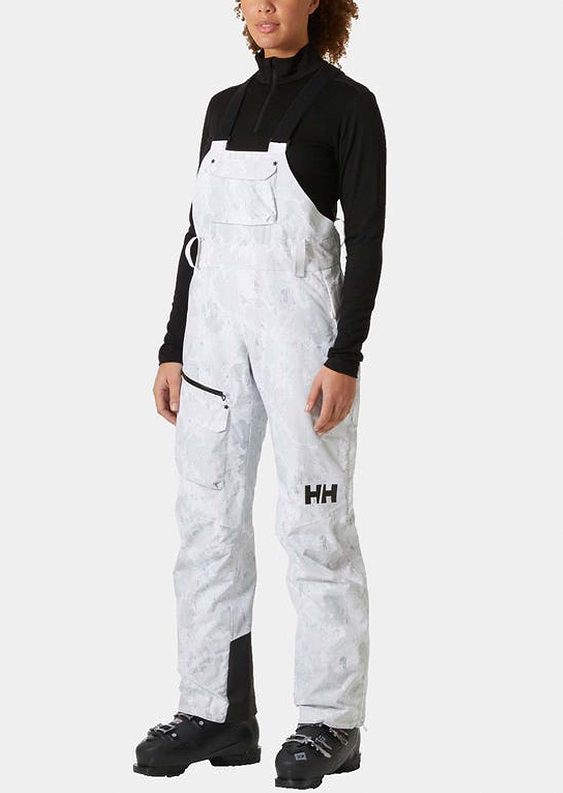 Helly Hansen Women&#39;s Powderqueen Bib Pants Grey Fog Snow Camo Aop