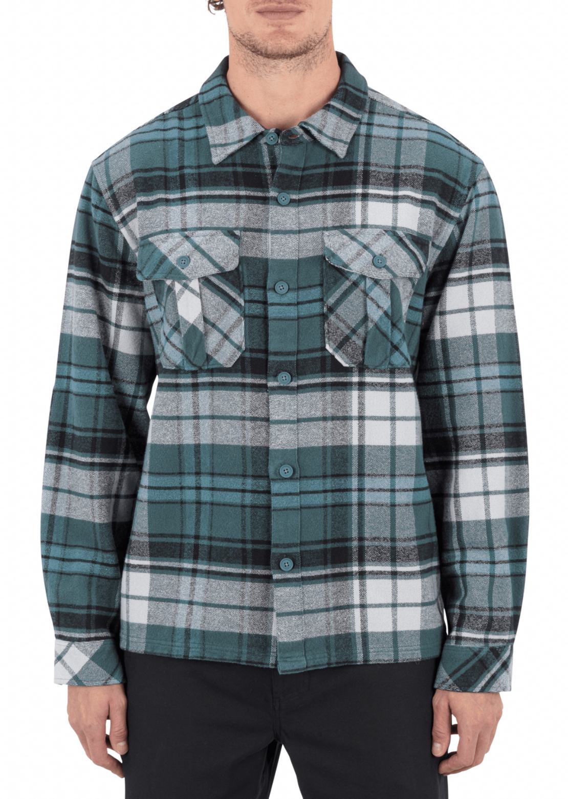 Hurley Men's Santa Cruz Seaside Flannel Button Up Shirt Armored Navy