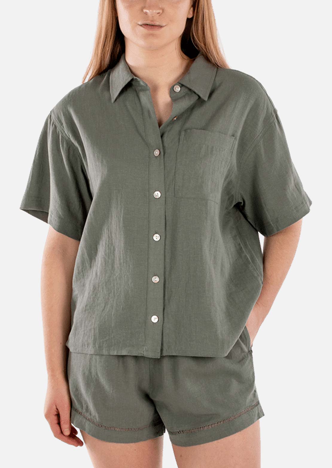 Jetty Women's Cape Cod Linen Button Up Shirt Agave