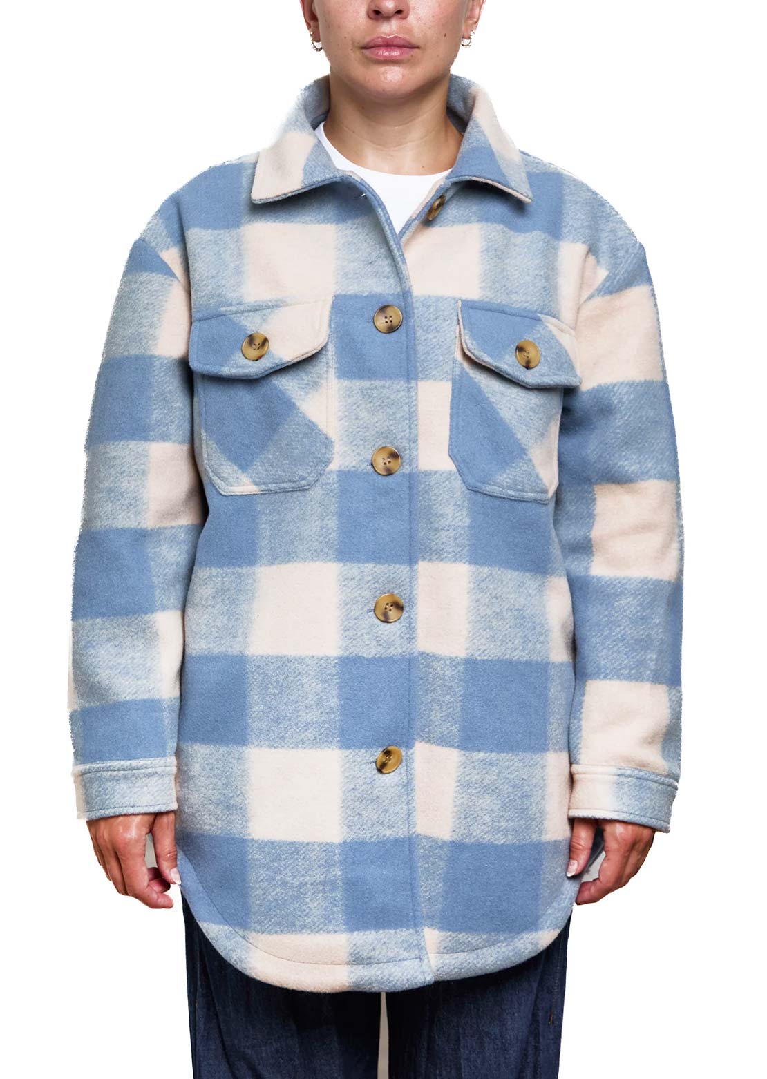 Nana Women's Annabelle Button Up Shirt Blue and Tan Plaid