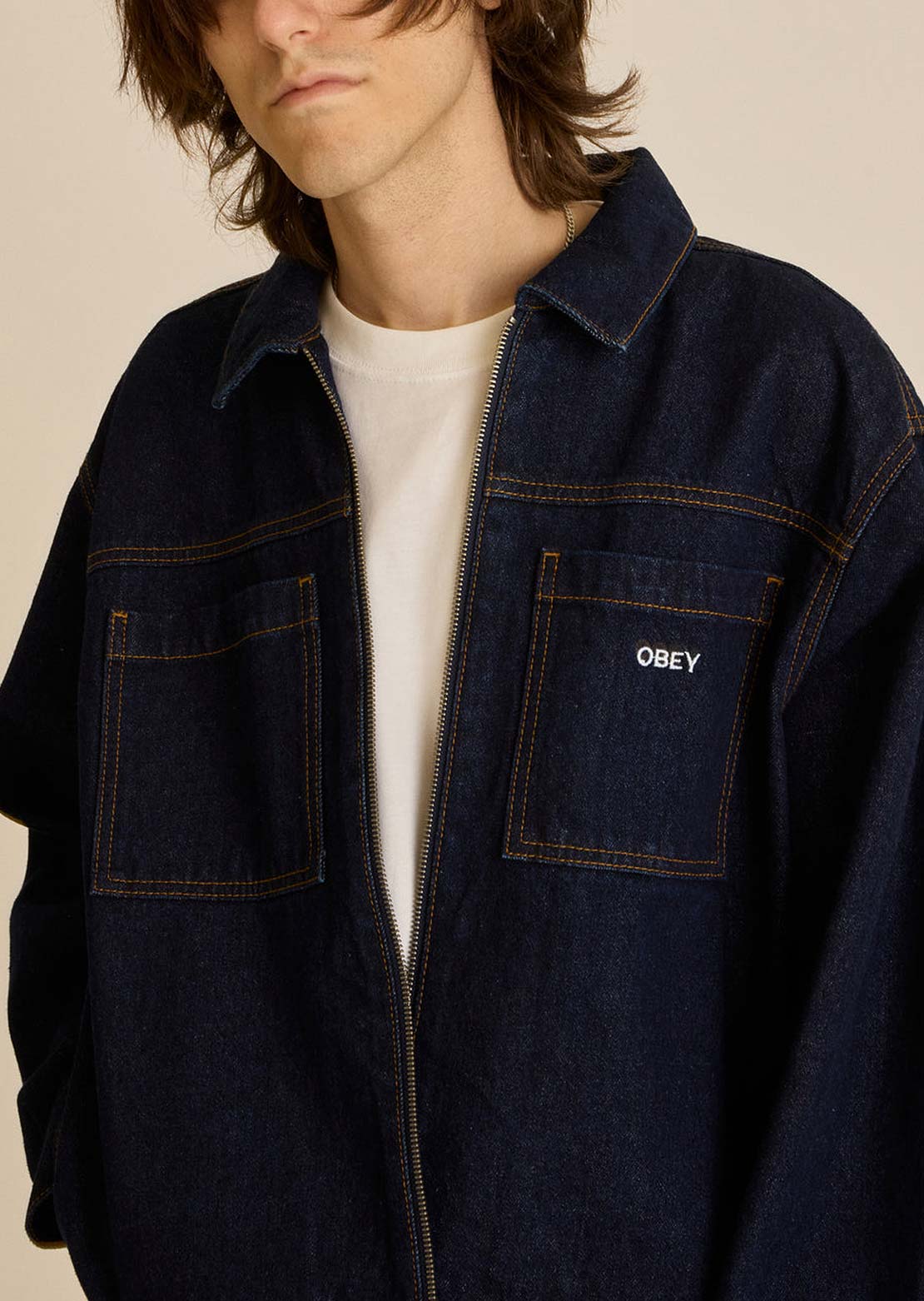 Obey Men's Icon Hardwork Zip Up Jacket Rinse Indigo