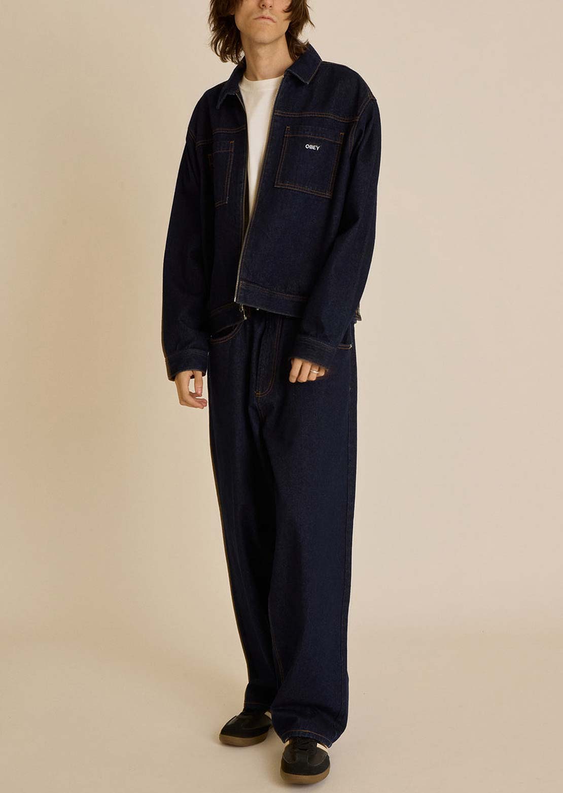 Obey Men's Icon Hardwork Zip Up Jacket Rinse Indigo