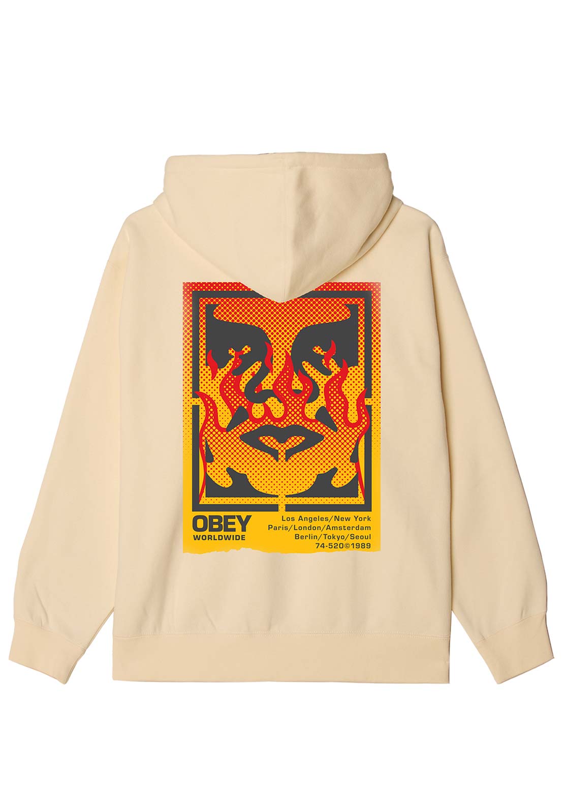 Obey Men&#39;s Icon Stencil Flame Hooded Fleece Unbleached