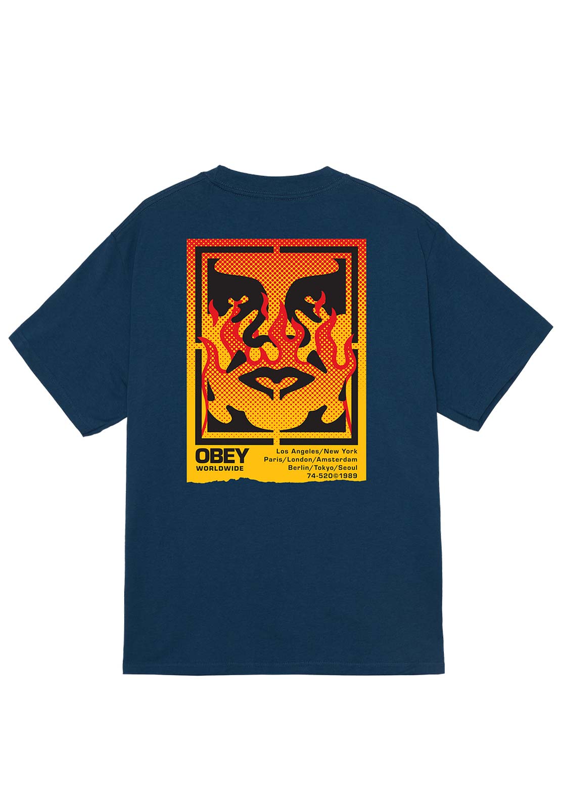 Obey Men&#39;s Icon Stencil Flame T-Shirt Harbor Blue