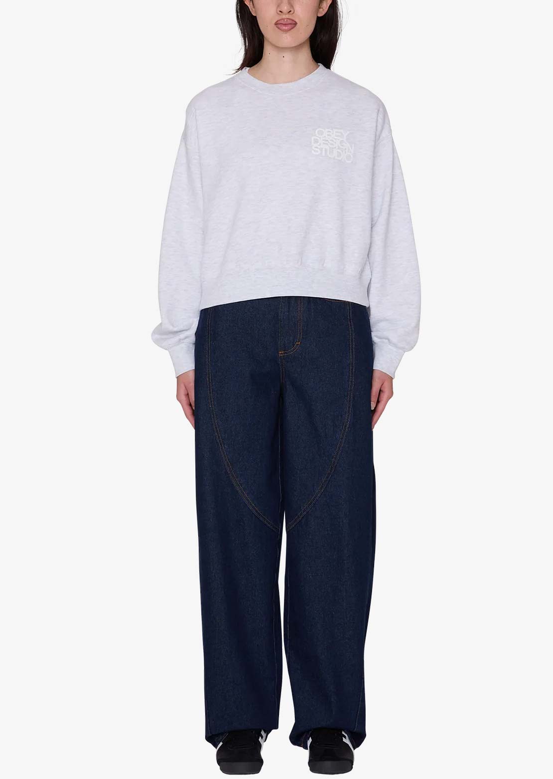 Obey Women's Design Studio Cropped Crew Sweater Ash Heather Grey