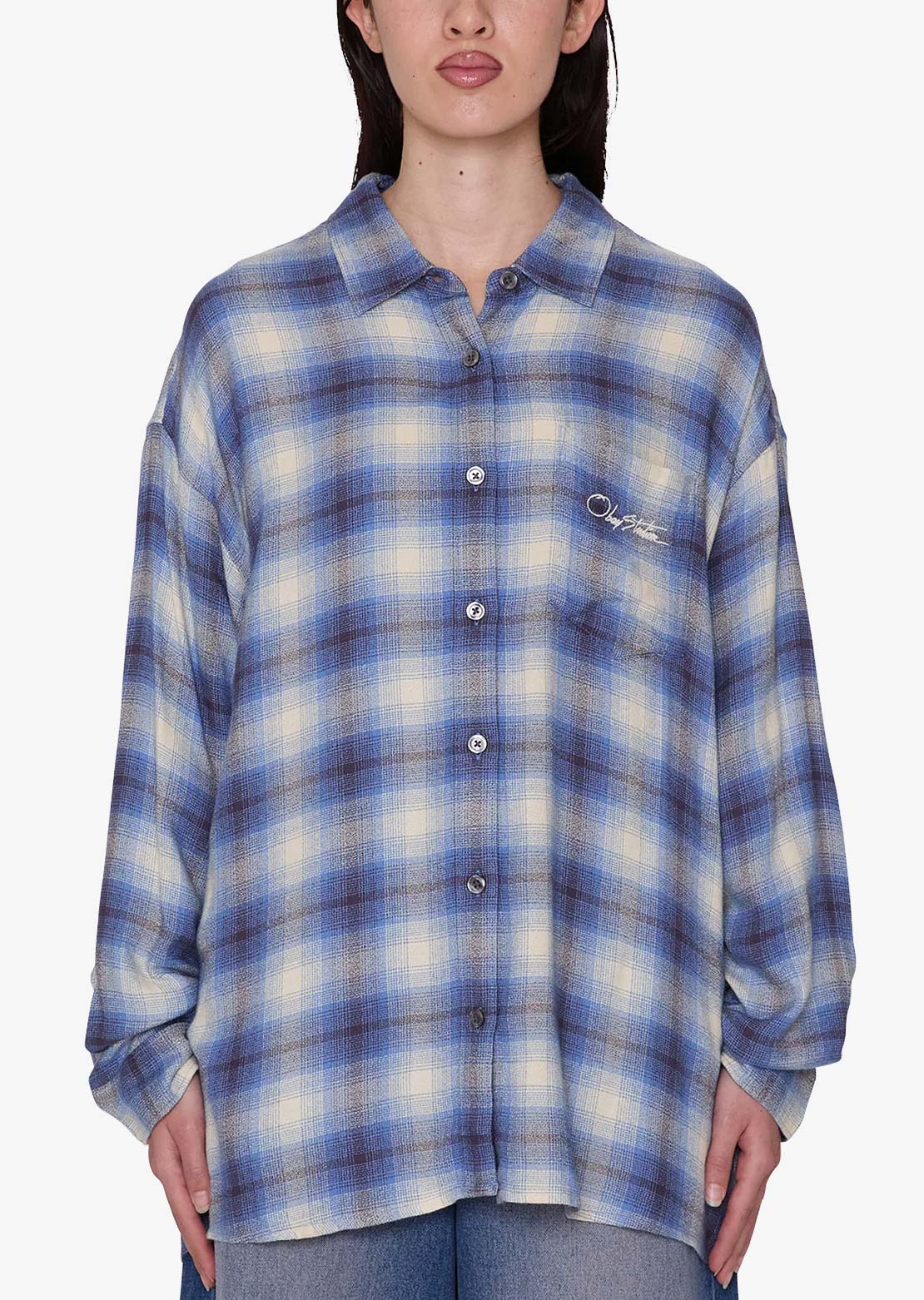 Obey Women's Zelia Long Sleeve Button Up Shirt Blue Multi