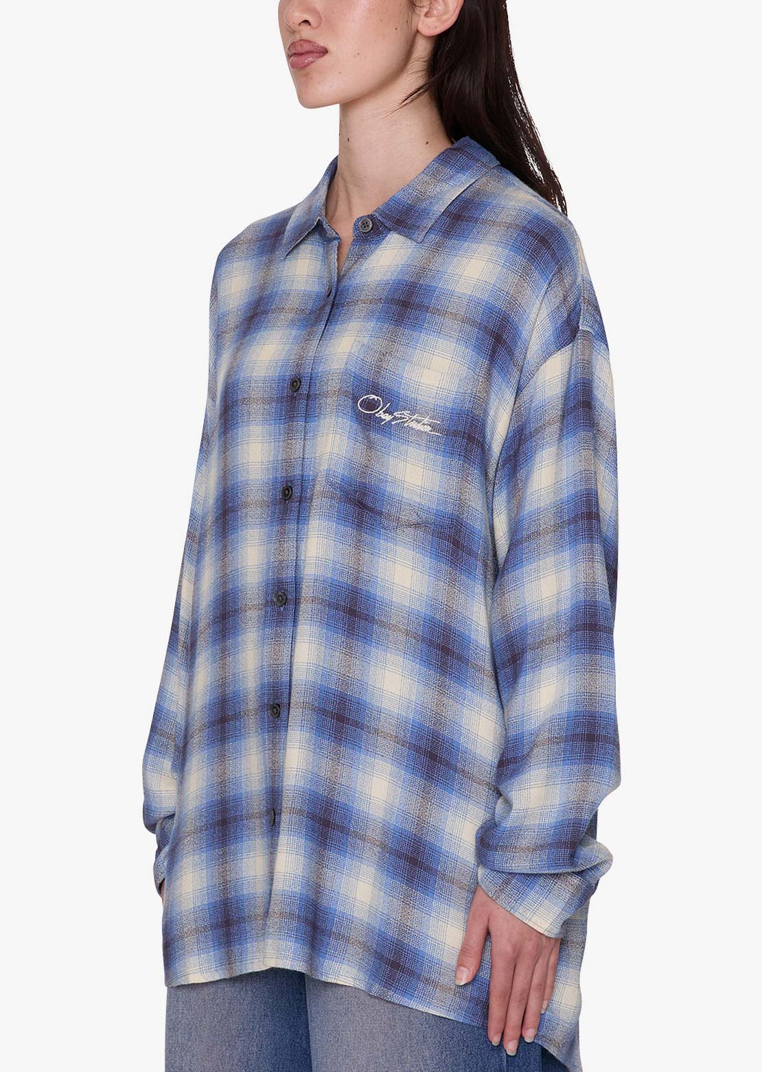 Obey Women's Zelia Long Sleeve Button Up Shirt Blue Multi