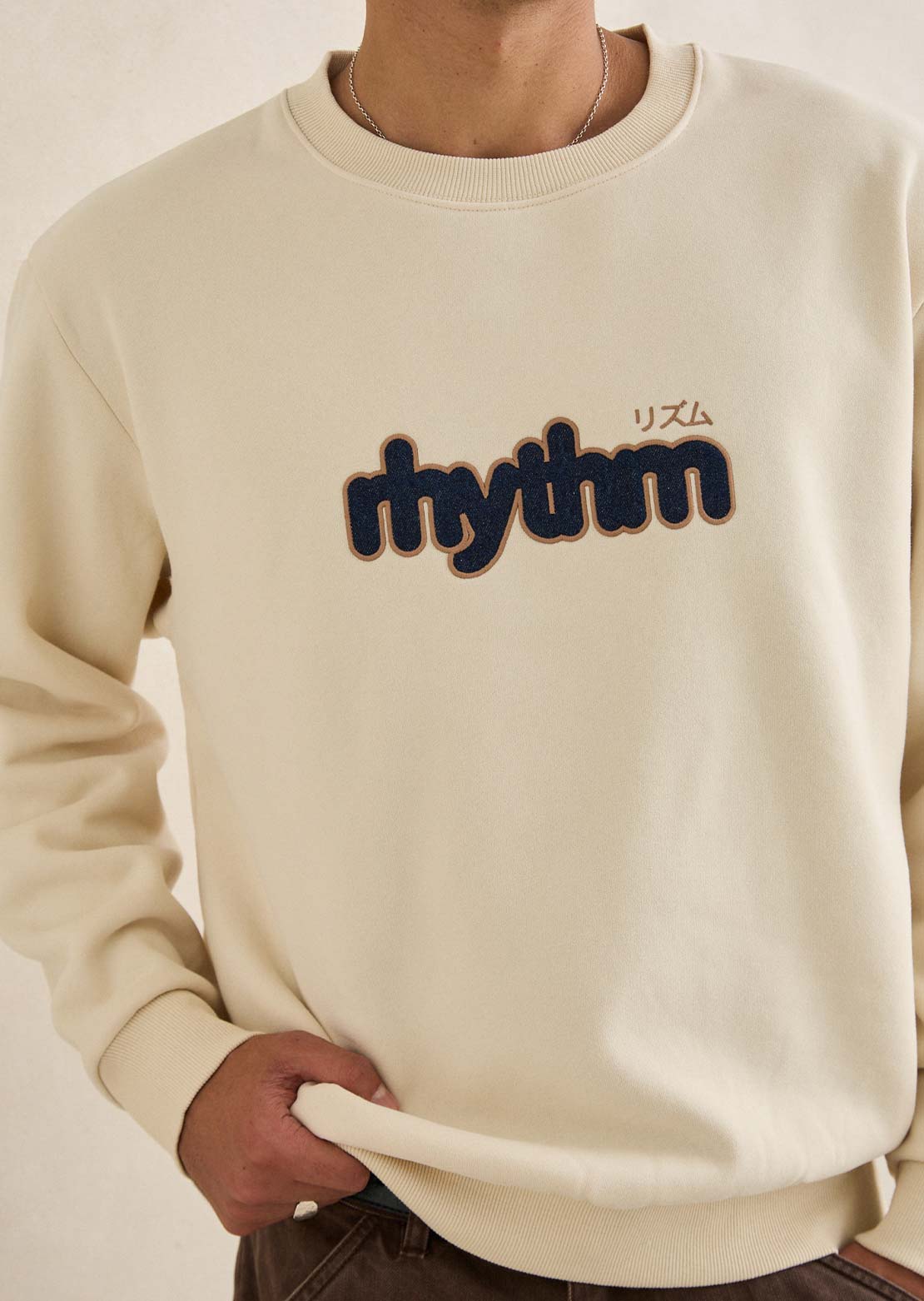 Rhythm Men's Applique Fleece Crew Long Sleeve Natural