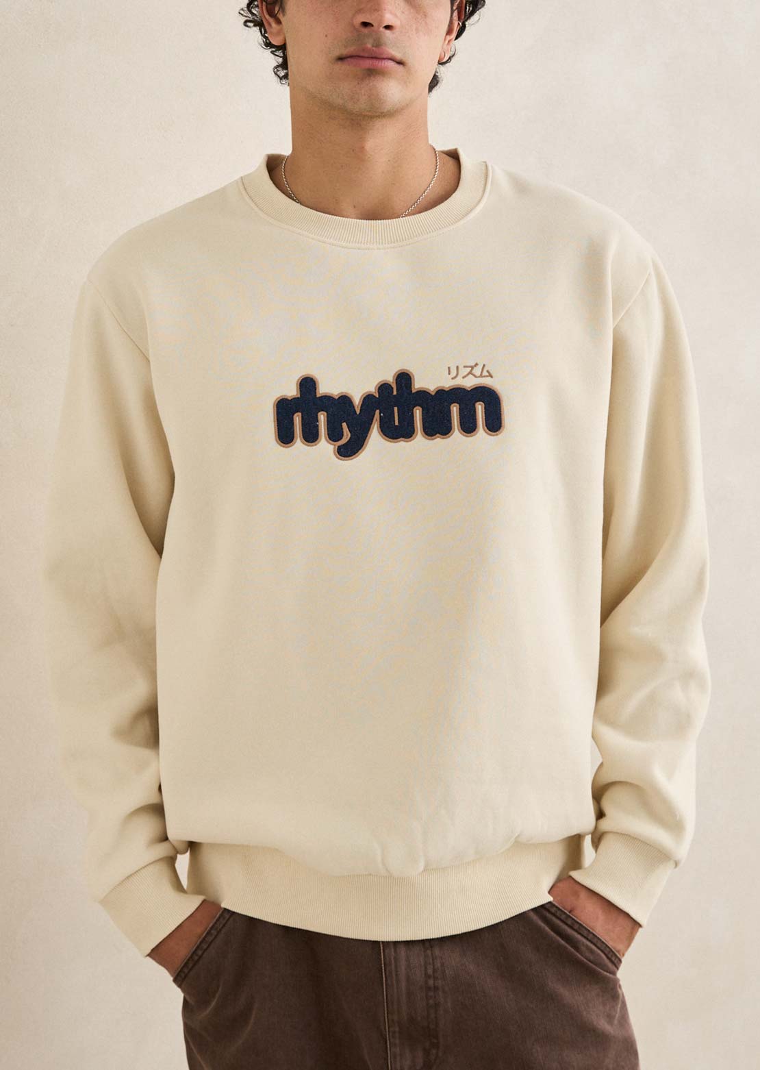 Rhythm Men's Applique Fleece Crew Long Sleeve Natural