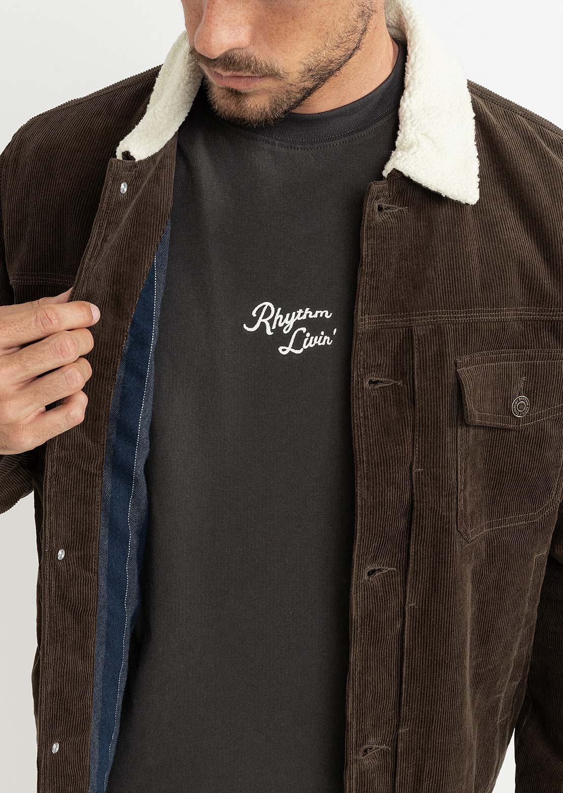 Rhythm Men's Flannel Lined Cord Trucker Jacket Chocolate