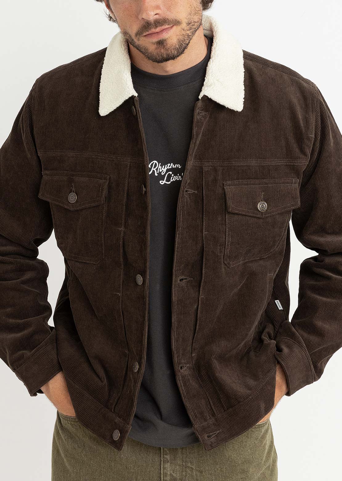 Rhythm Men's Flannel Lined Cord Trucker Jacket Chocolate