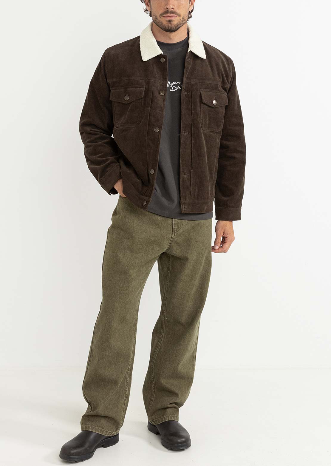 Rhythm Men's Flannel Lined Cord Trucker Jacket Chocolate