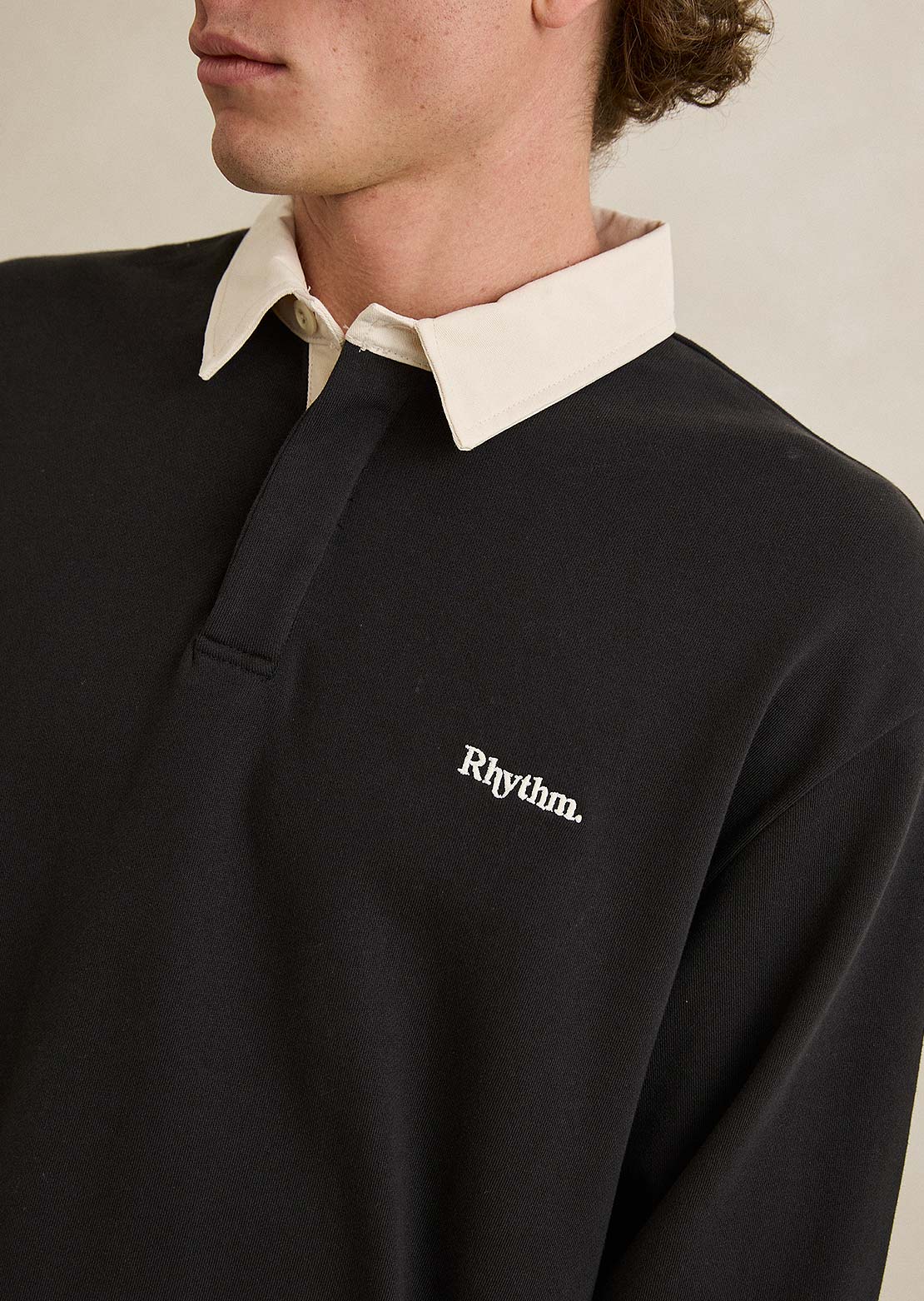 Rhythm Men's Koa Vintage Rugby Long Sleeve Polo Black