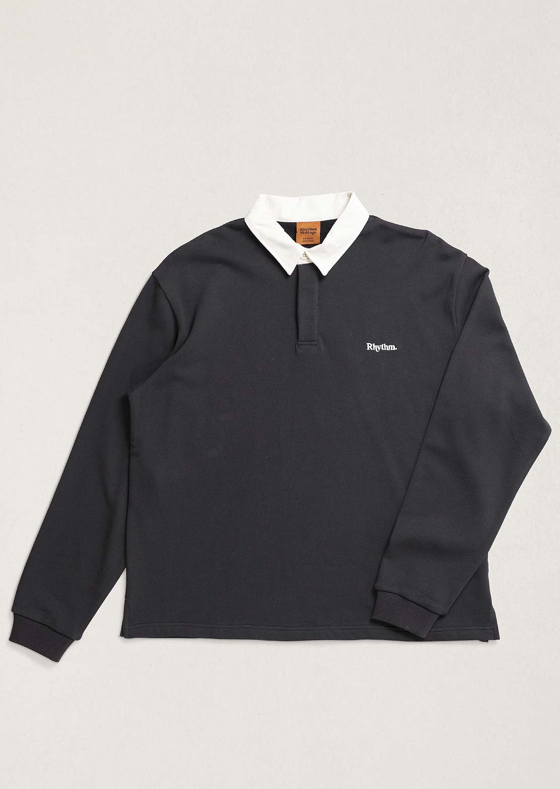 Rhythm Men's Koa Vintage Rugby Long Sleeve Polo Black