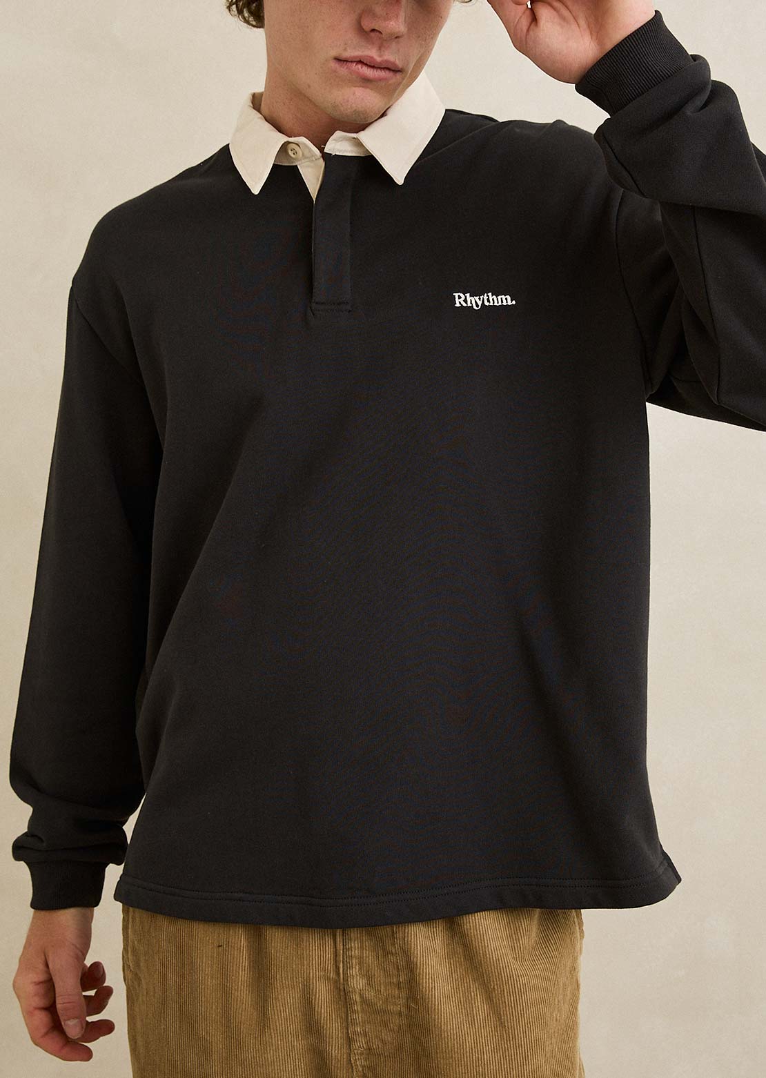 Rhythm Men's Koa Vintage Rugby Long Sleeve Polo Black