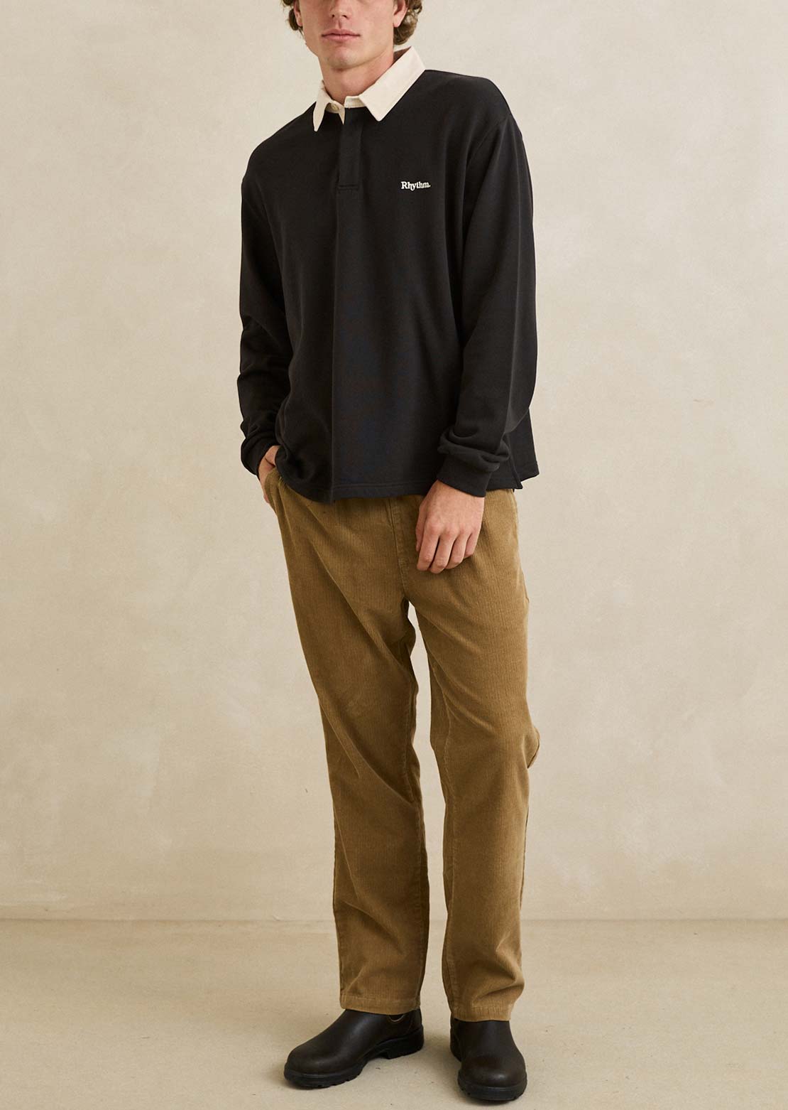Rhythm Men's Koa Vintage Rugby Long Sleeve Polo Black
