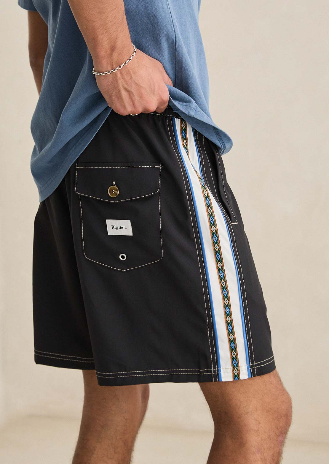 Rhythm Men's Panel Stripe Beach Shorts Black