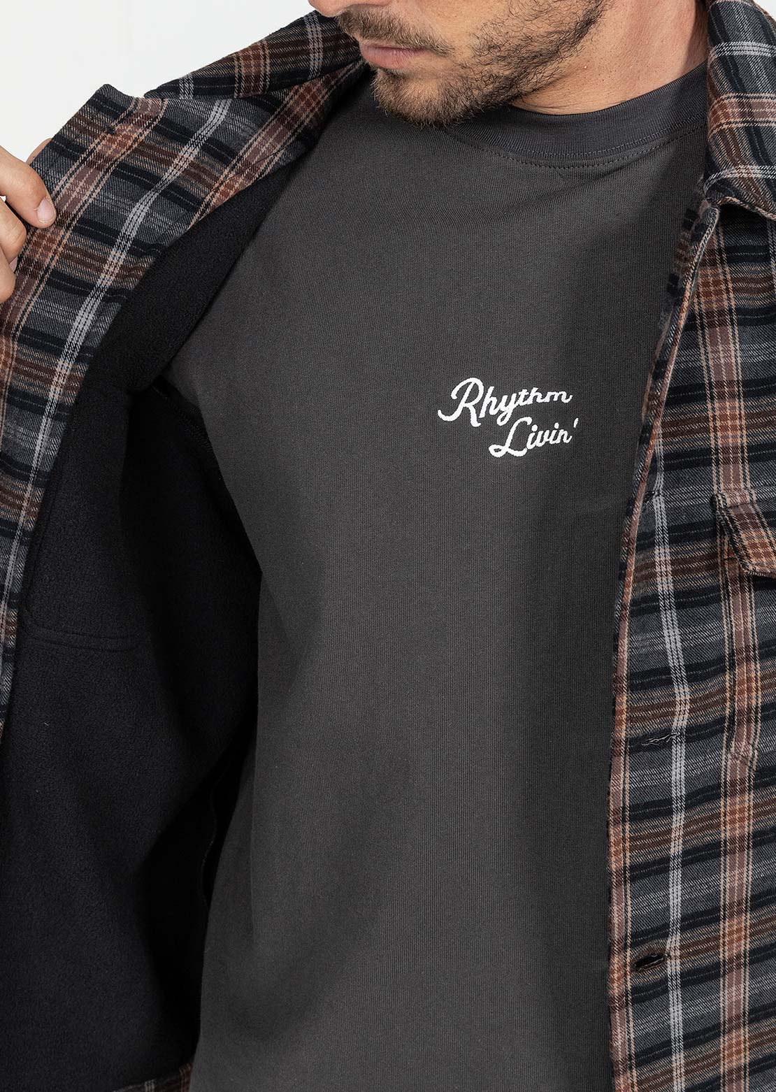 Rhythm Men's Polar Bond Long Sleeve Flannel Button Up Shirt Charcoal