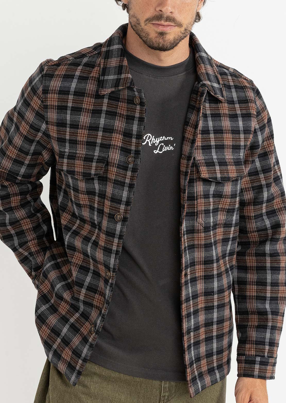 Rhythm Men's Polar Bond Long Sleeve Flannel Button Up Shirt Charcoal