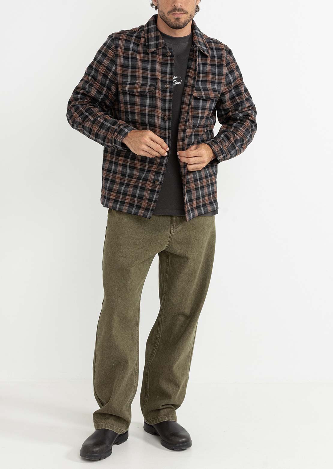 Rhythm Men's Polar Bond Long Sleeve Flannel Button Up Shirt Charcoal