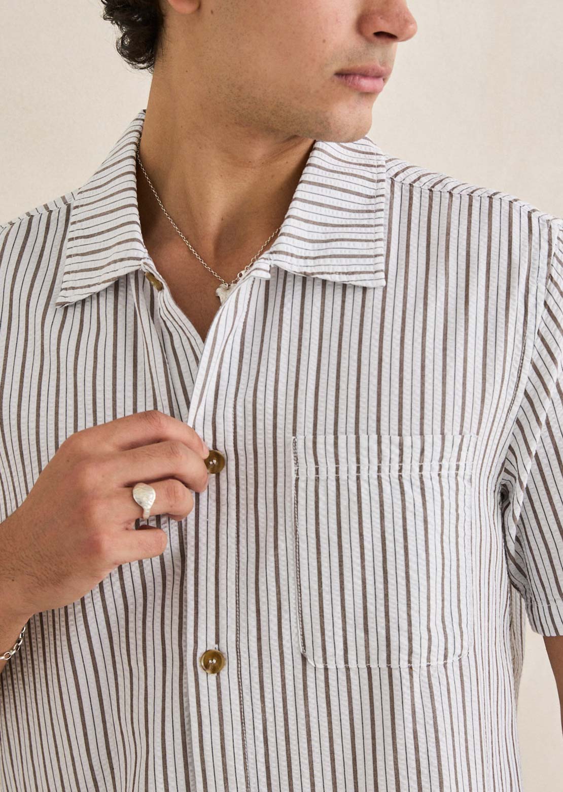 Rhythm Men's Seersucker Stripe Button Up Shirt Cedar