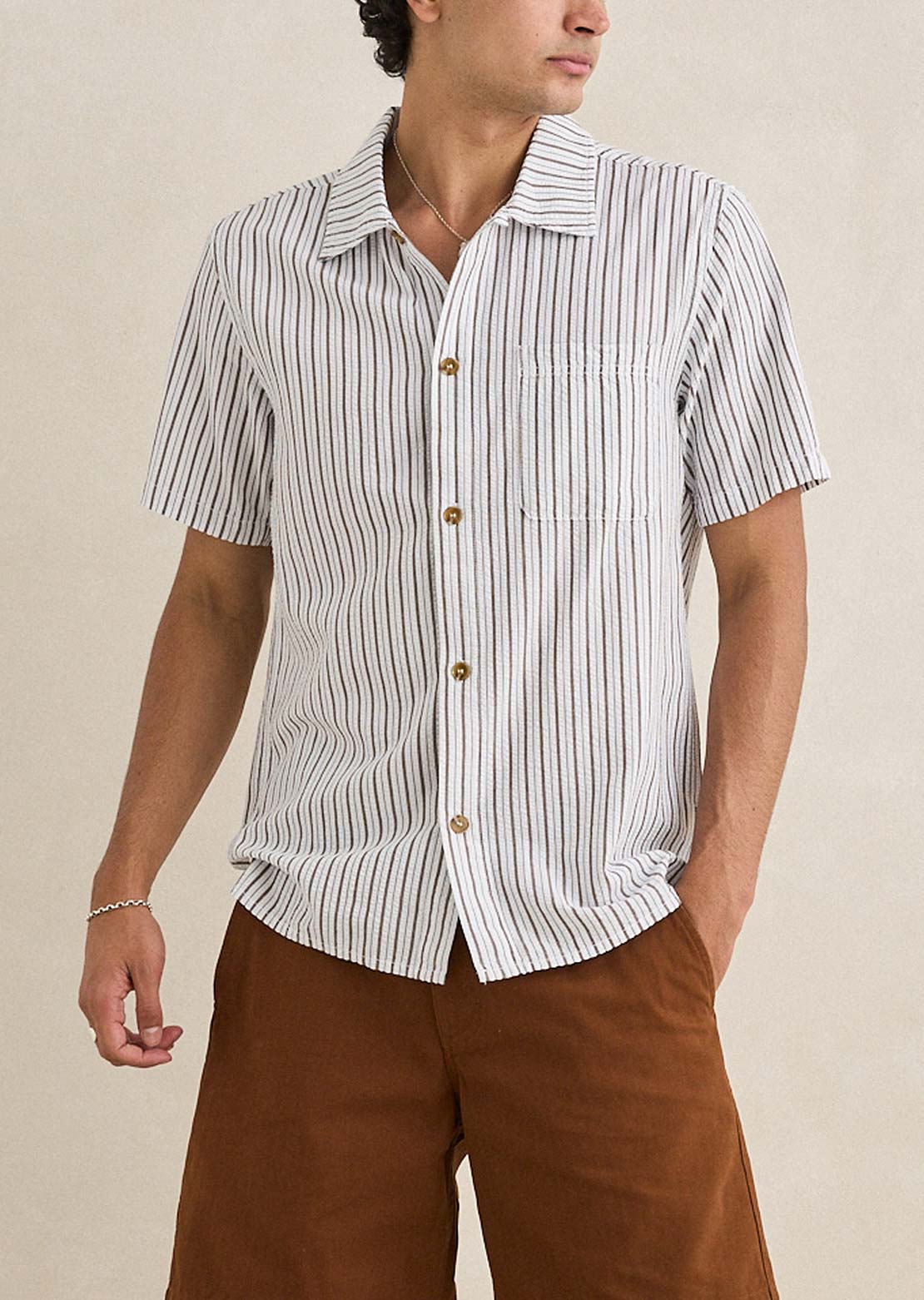 Rhythm Men's Seersucker Stripe Button Up Shirt Cedar