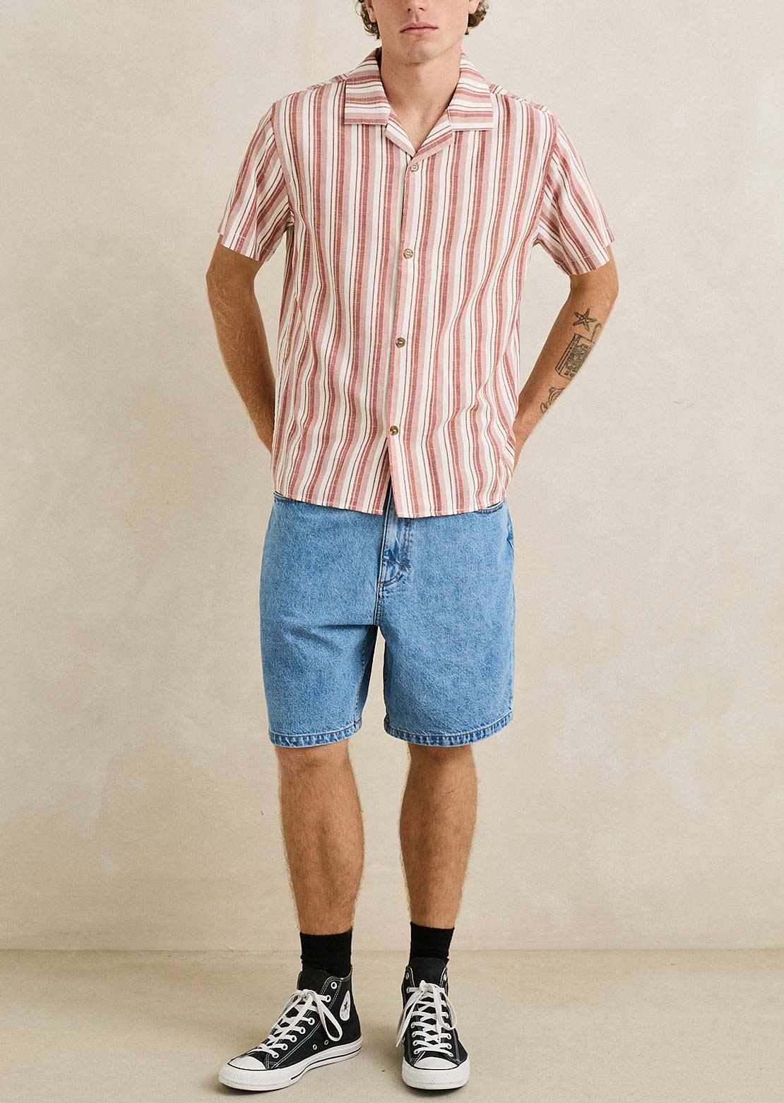 Rhythm Men's Vacation Stripe Button Up Shirt Natural