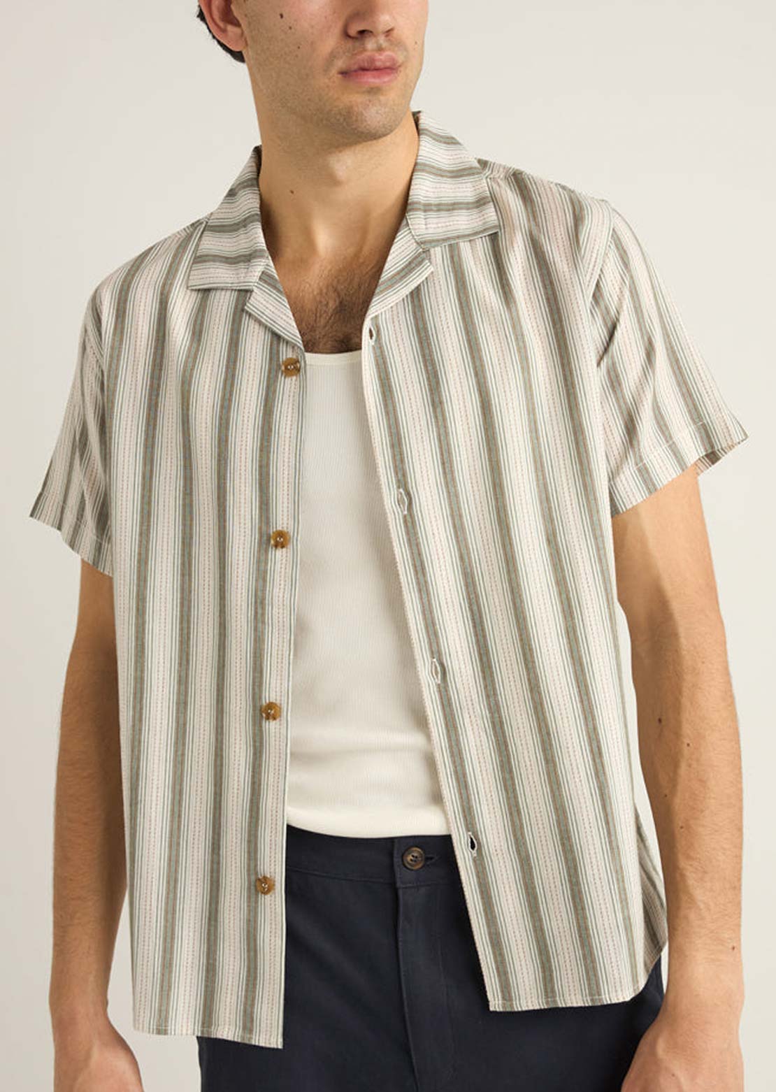 Rhythm Men's Vacation Stripe Button Up Shirt Fern