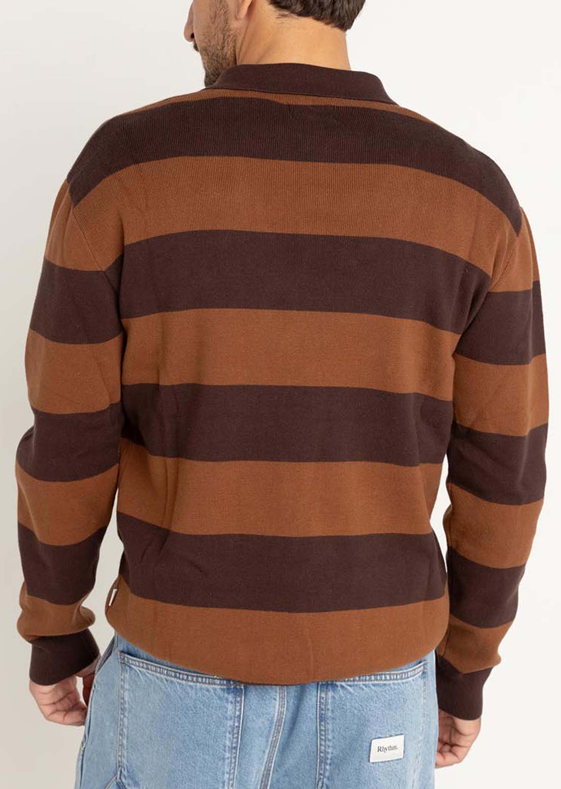 Rhythm Men's Ventura Stripe Knit Long Sleeve Polo Cafe