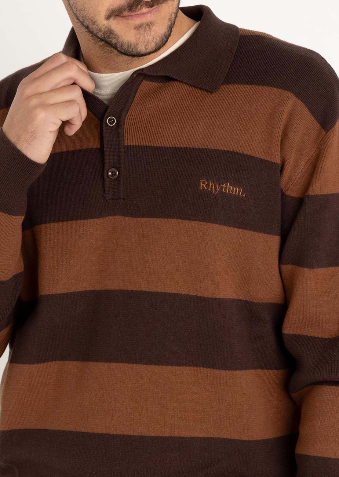 Rhythm Men's Ventura Stripe Knit Long Sleeve Polo Cafe