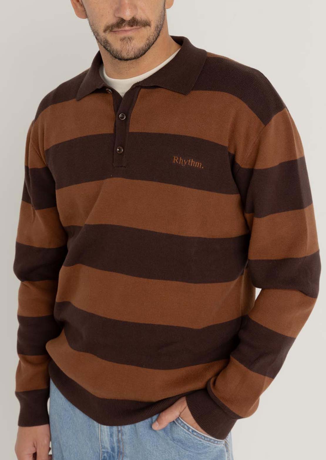 Rhythm Men's Ventura Stripe Knit Long Sleeve Polo Cafe