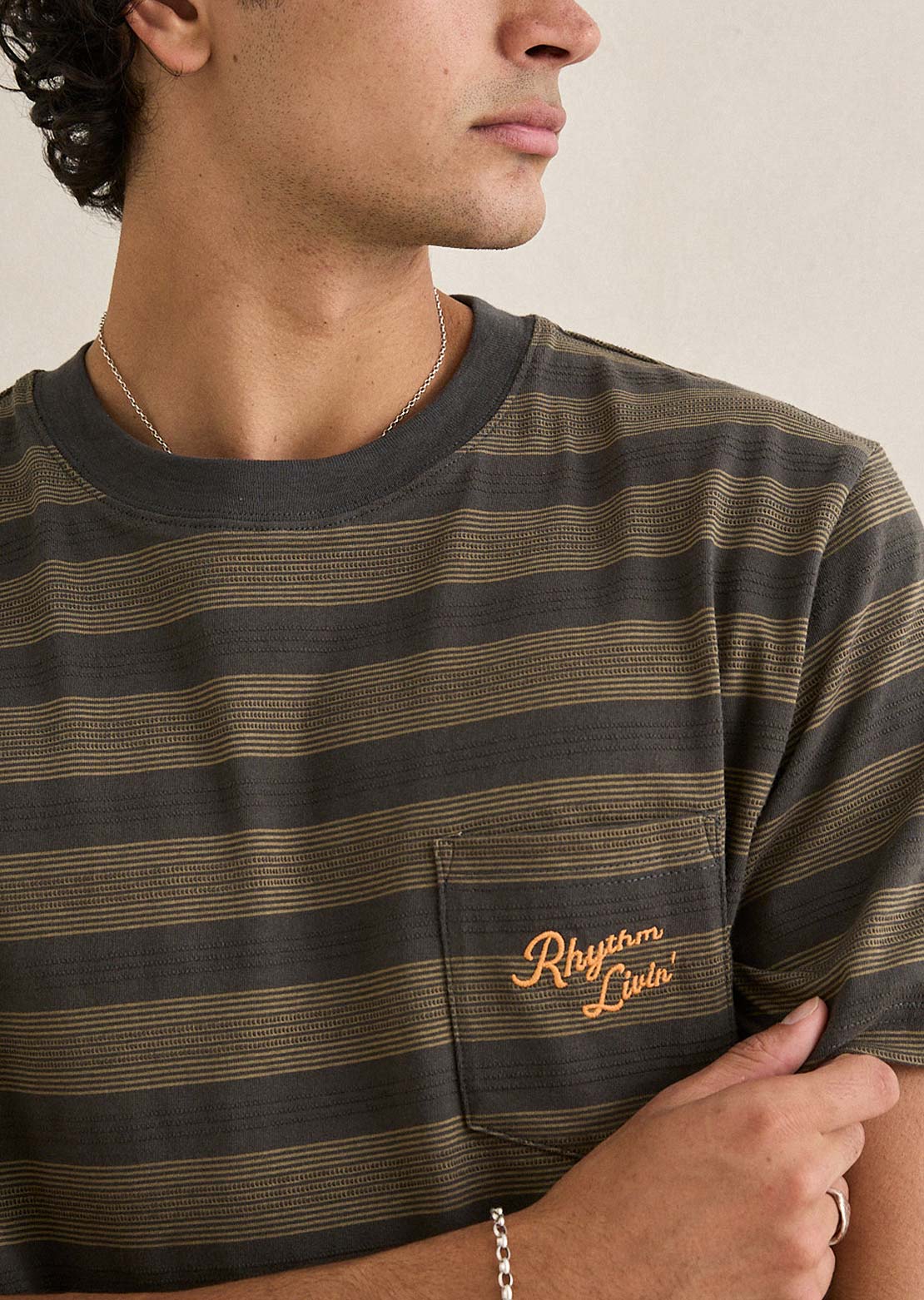 Rhythm Men's Vintage Jacquard Stripe T-Shirt Olive