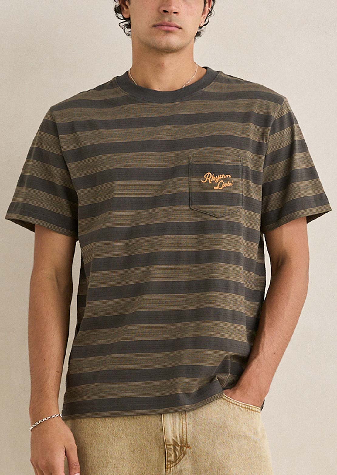 Rhythm Men's Vintage Jacquard Stripe T-Shirt Olive