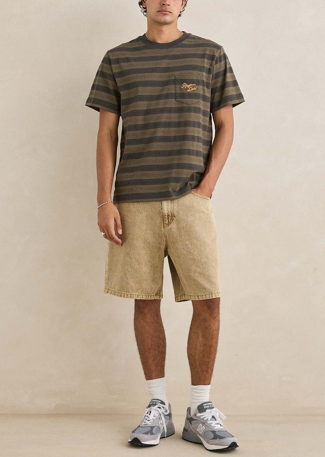 Rhythm Men's Vintage Jacquard Stripe T-Shirt Olive