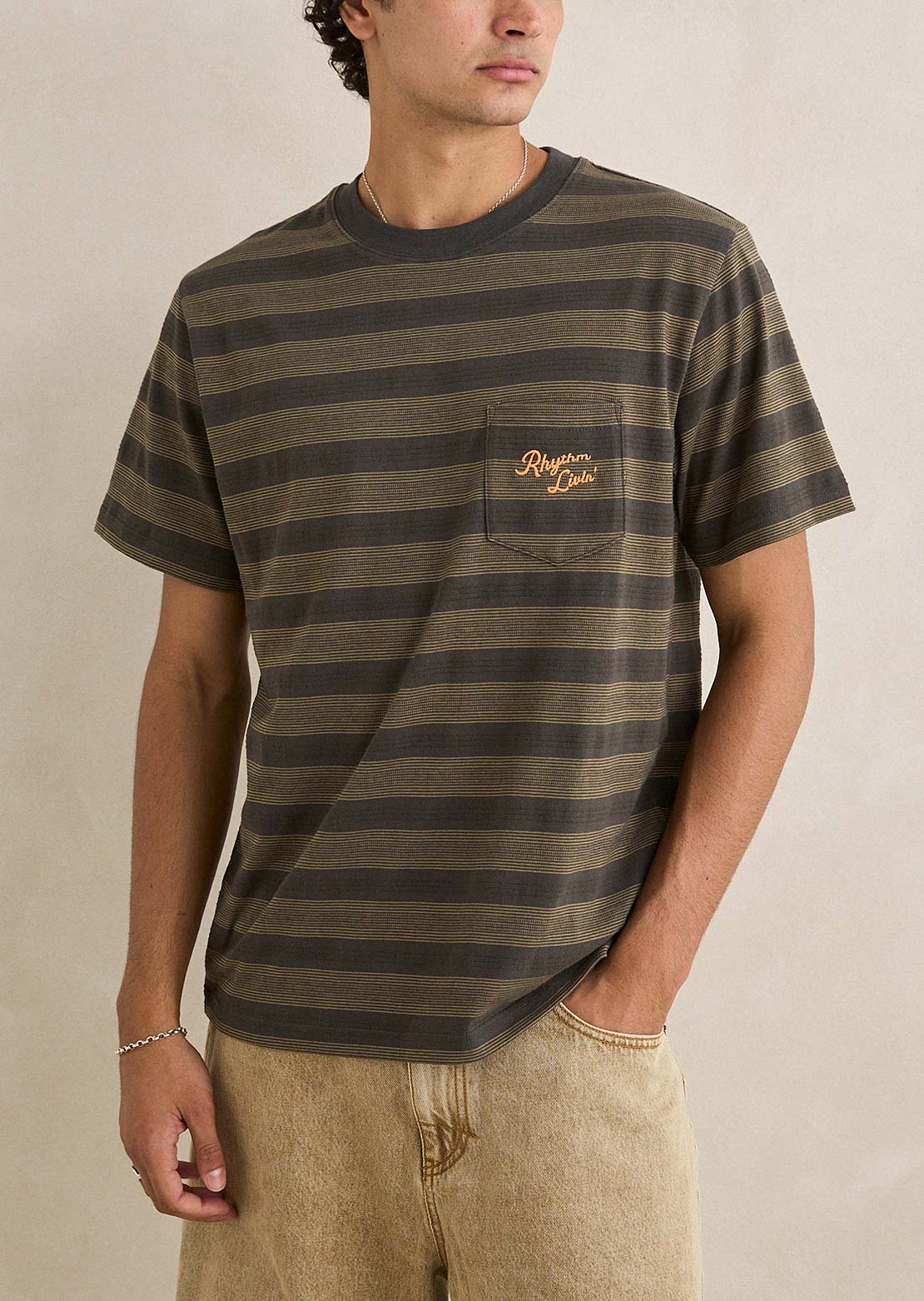 Rhythm Men's Vintage Jacquard Stripe T-Shirt Olive