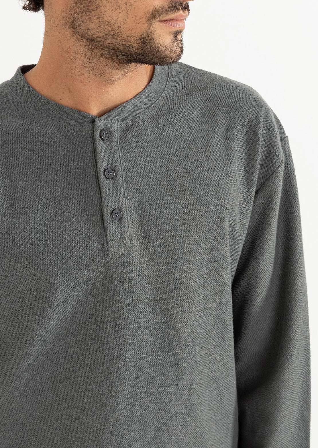 Rhythm Men's Vintage Terry Henley Long Sleeve Silver Pine