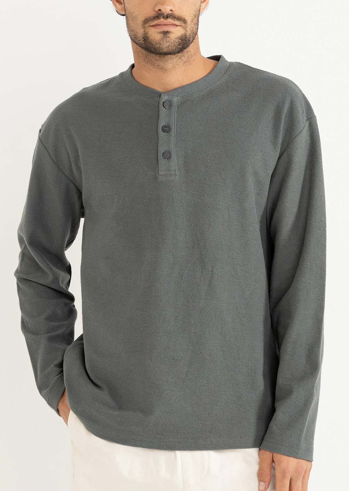 Rhythm Men's Vintage Terry Henley Long Sleeve Silver Pine