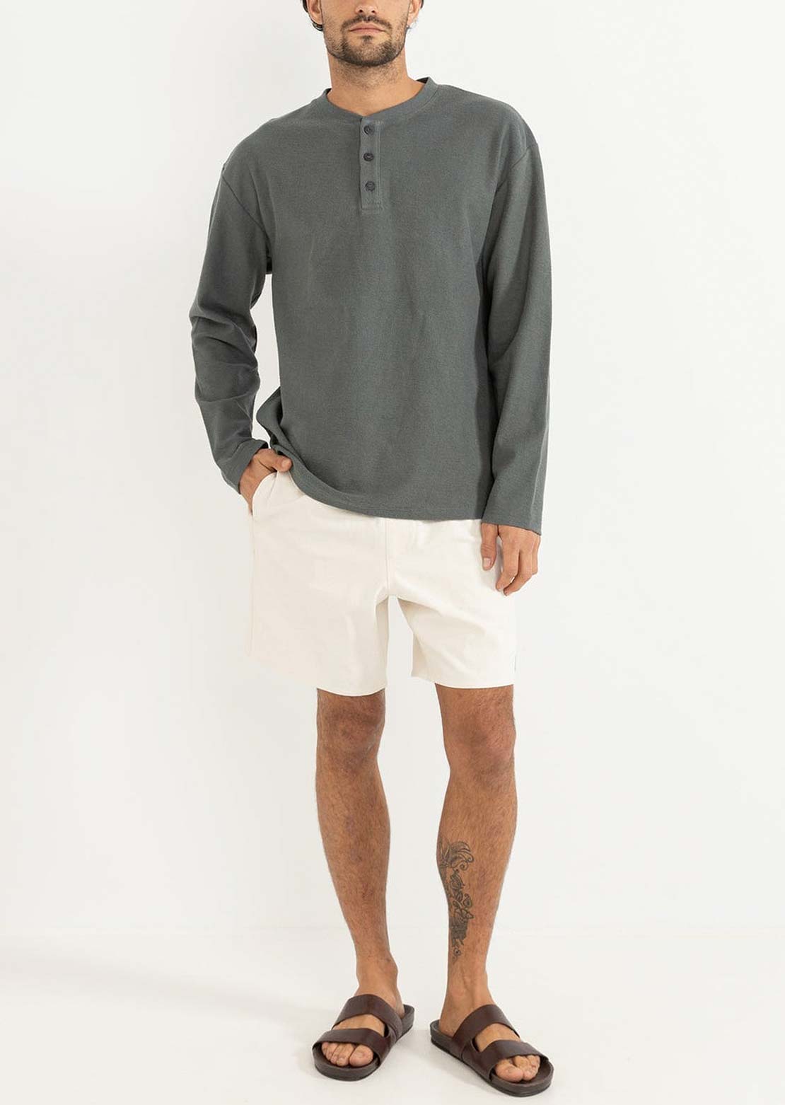 Rhythm Men's Vintage Terry Henley Long Sleeve Silver Pine
