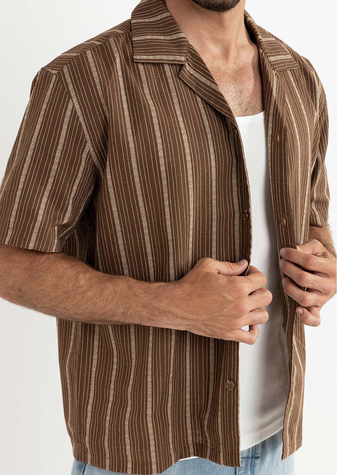 Rhythm Men's West Winds Stripe Button Up Shirt Brown