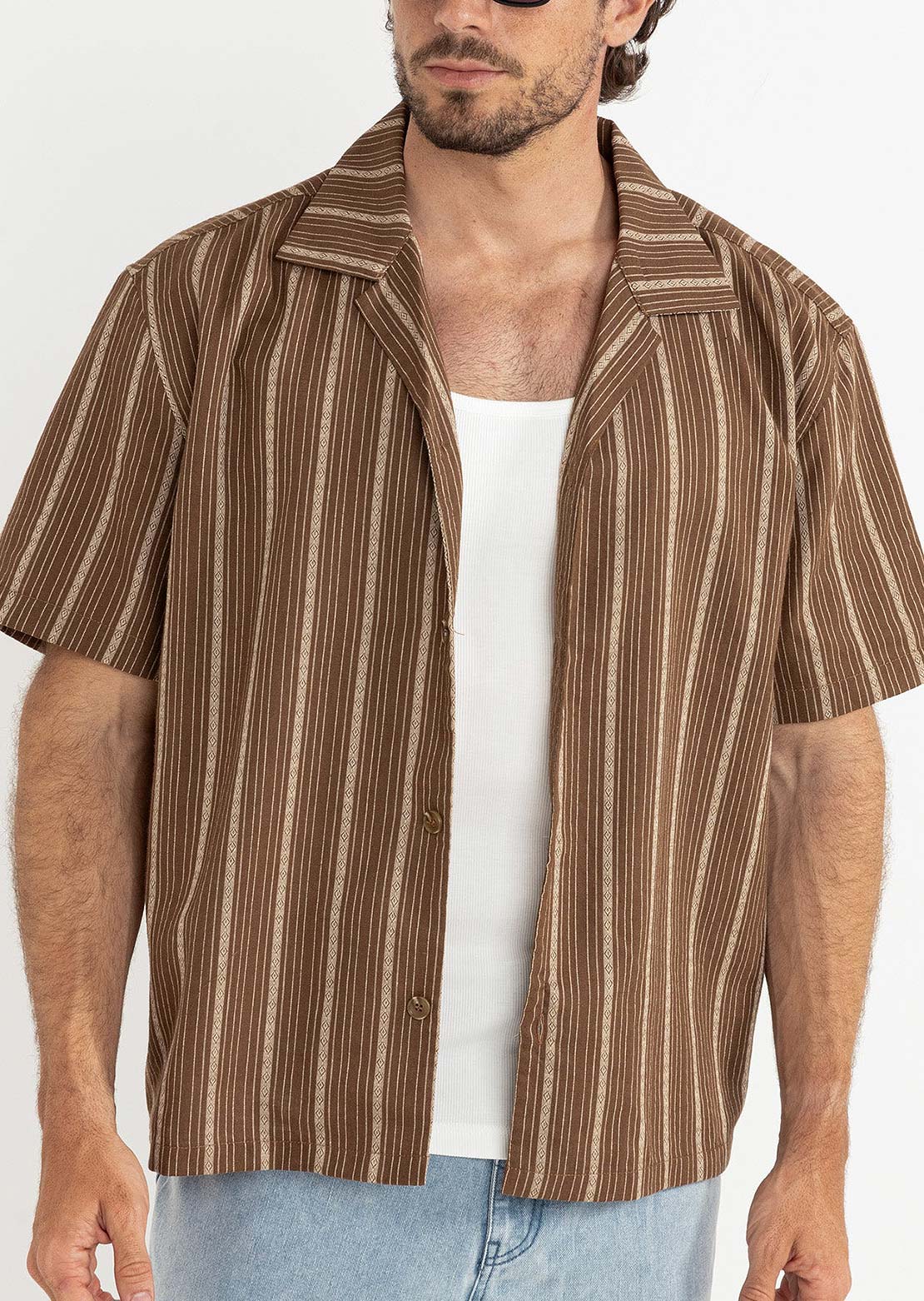 Rhythm Men's West Winds Stripe Button Up Shirt Brown