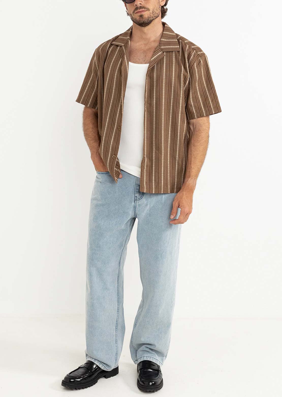 Rhythm Men's West Winds Stripe Button Up Shirt Brown