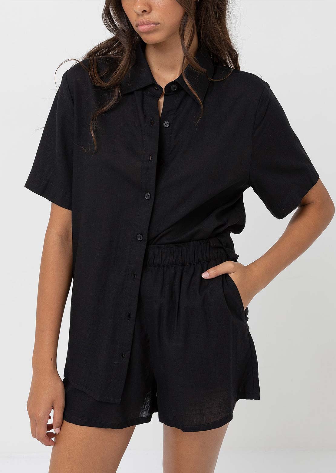 Rhythm Women's Classic Lounge Button Up Shirt Black