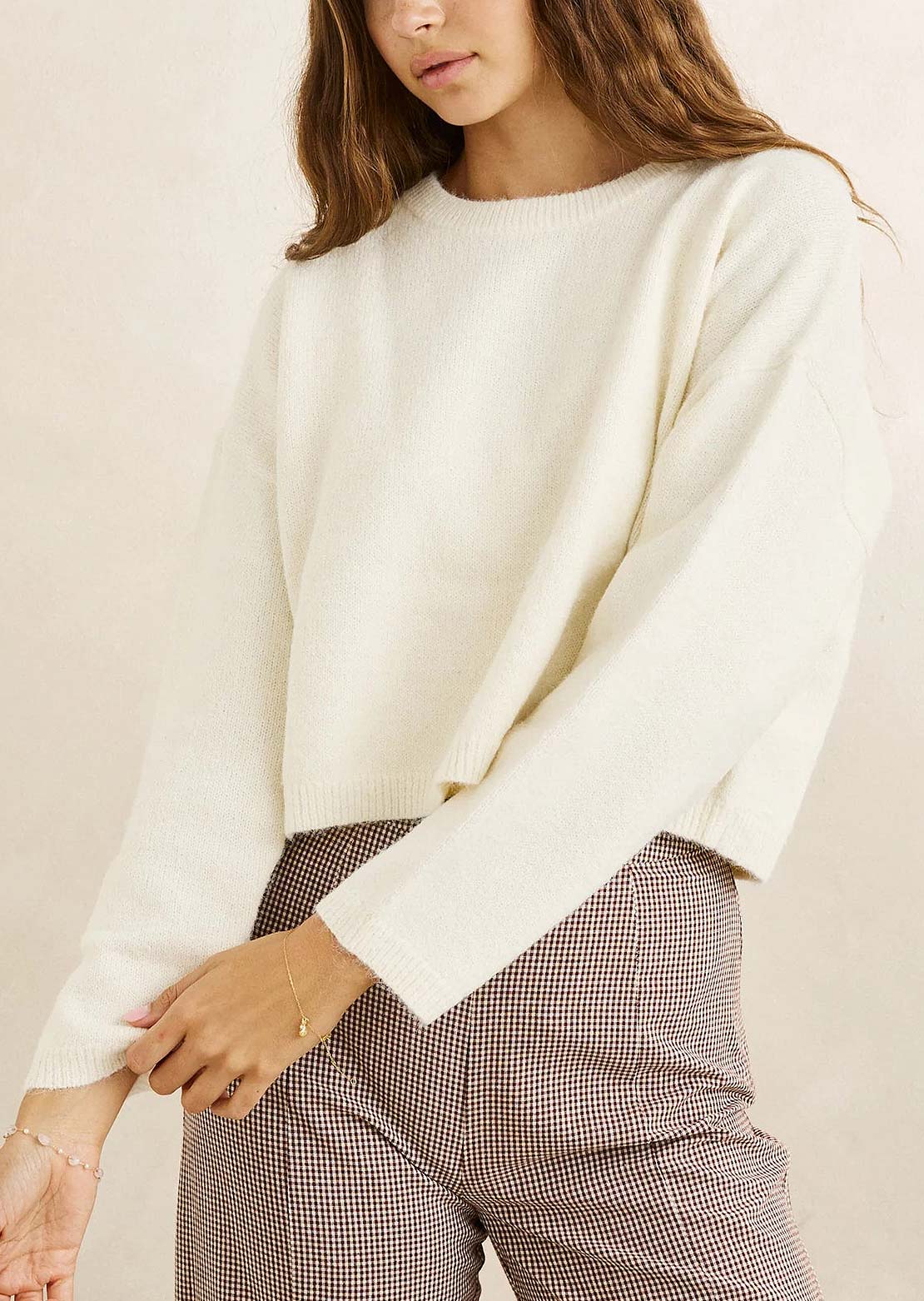Rhythm Women's Estelle Fluffy Crew Neck Knit Sweater Cream