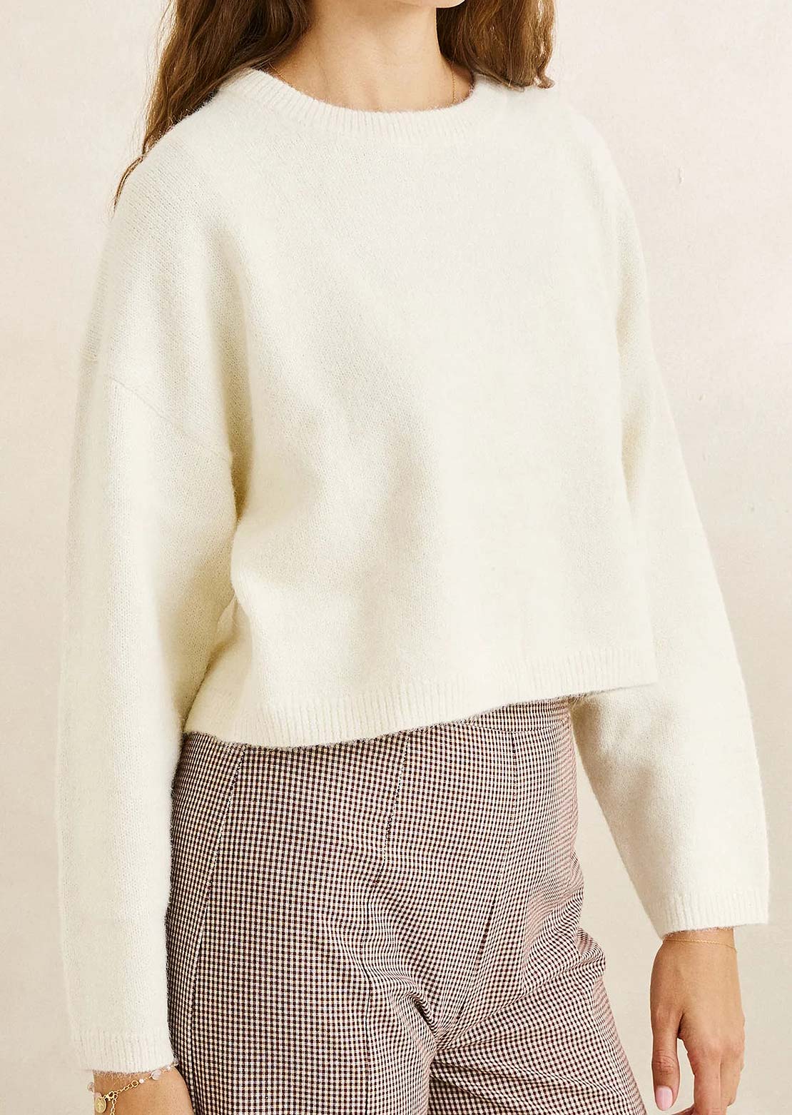 Rhythm Women's Estelle Fluffy Crew Neck Knit Sweater Cream