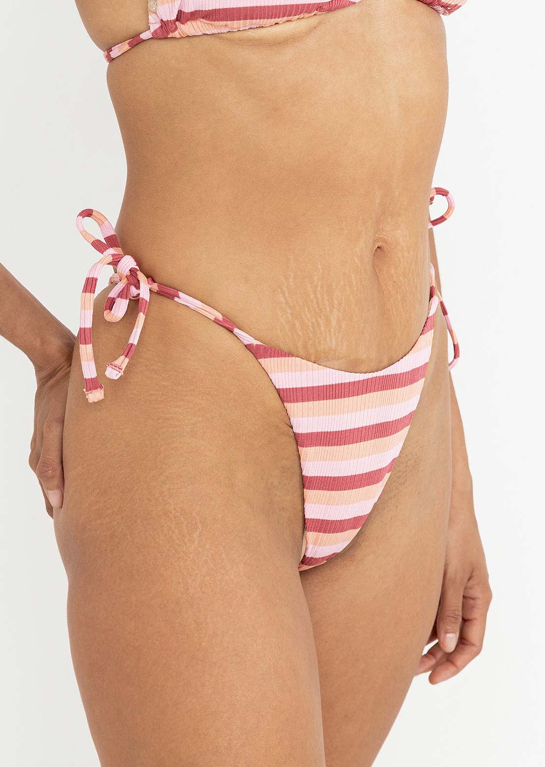 Rhythm Women's Ibiza Stripe Rib Tie Side Hi Cut Bikini Bottom Pink