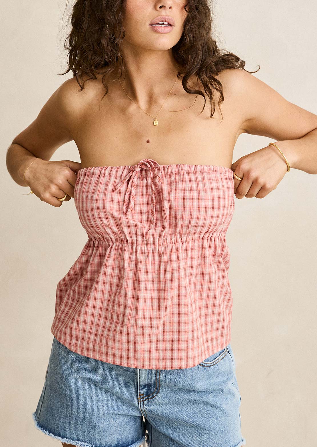 Rhythm Women's Kirra Check Strapless Top Pink
