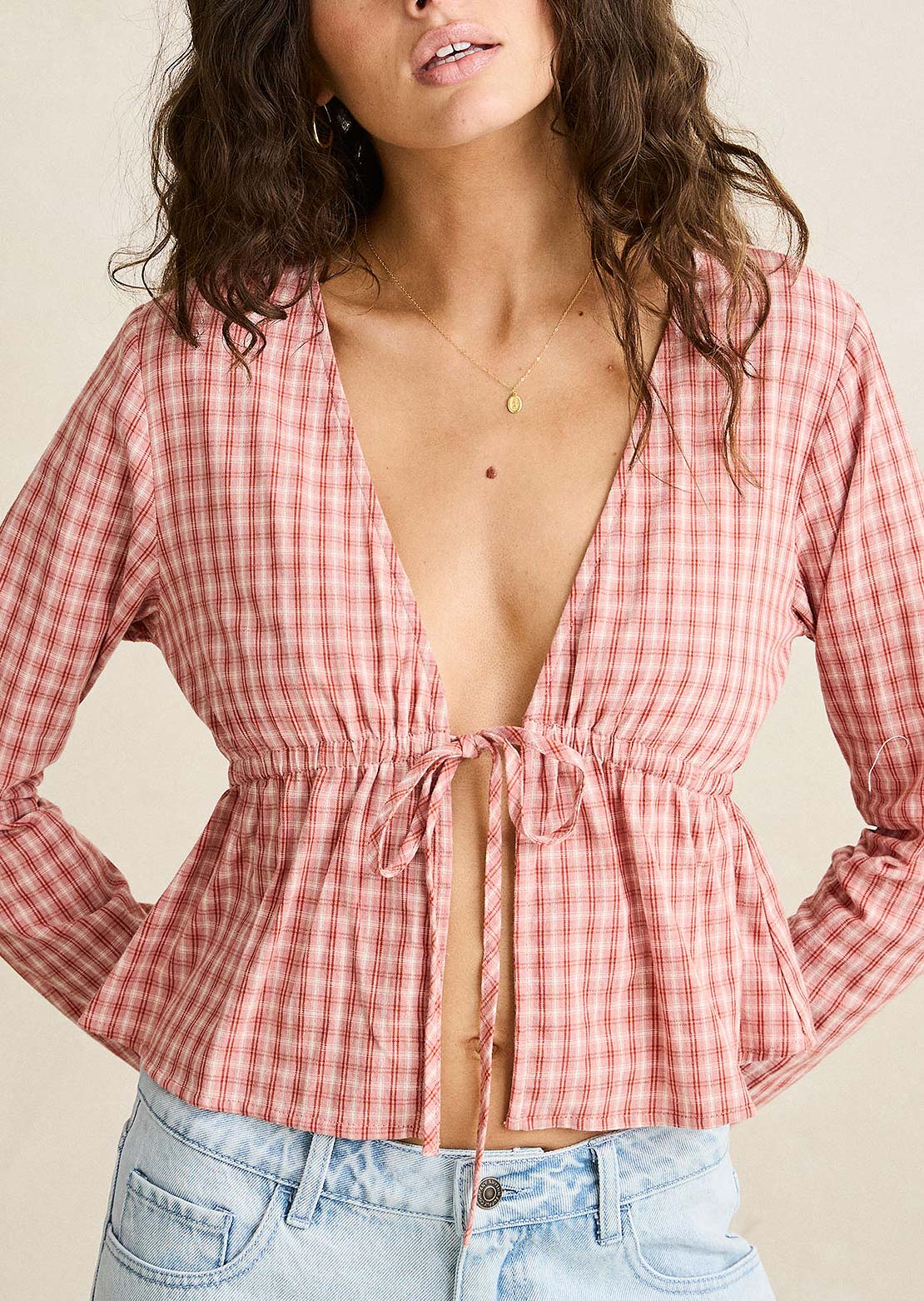 Rhythm Women's Kirra Check Tie Front Long Sleeve Top Pink